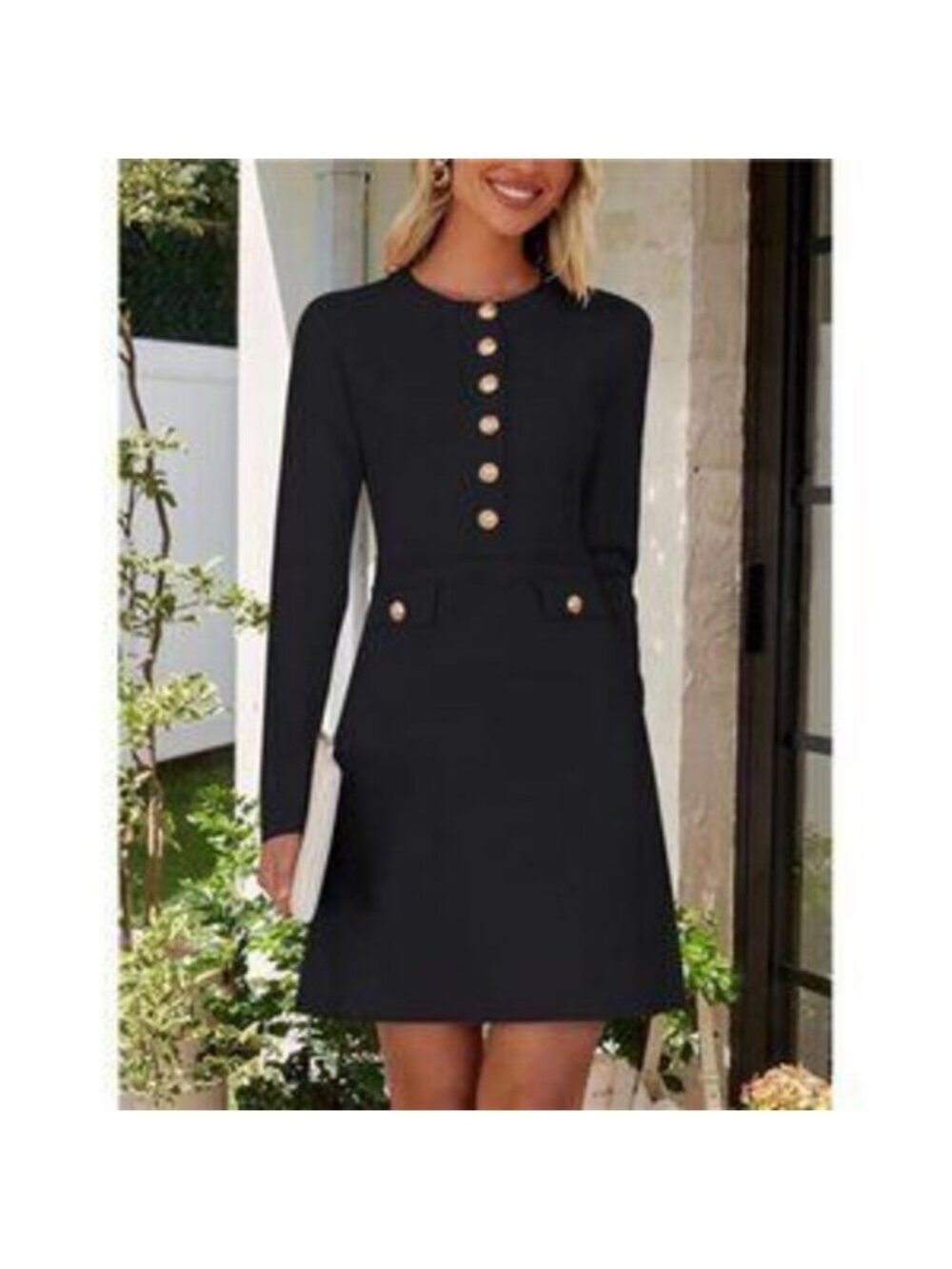 Women's Crew Neck Bodycon Sweater Dress Long Sleeve Button Mini Dress - Picture 2 of 4